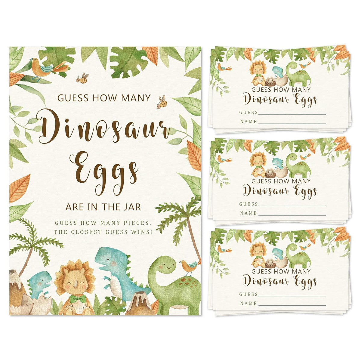 50Pcs Dinosaur Guessing Game Cards With Foldable Table Sign Cute Guess How Many Dinosaur Egg Candy Jar Game Cards For Birthday Baby Shower Party Supplies