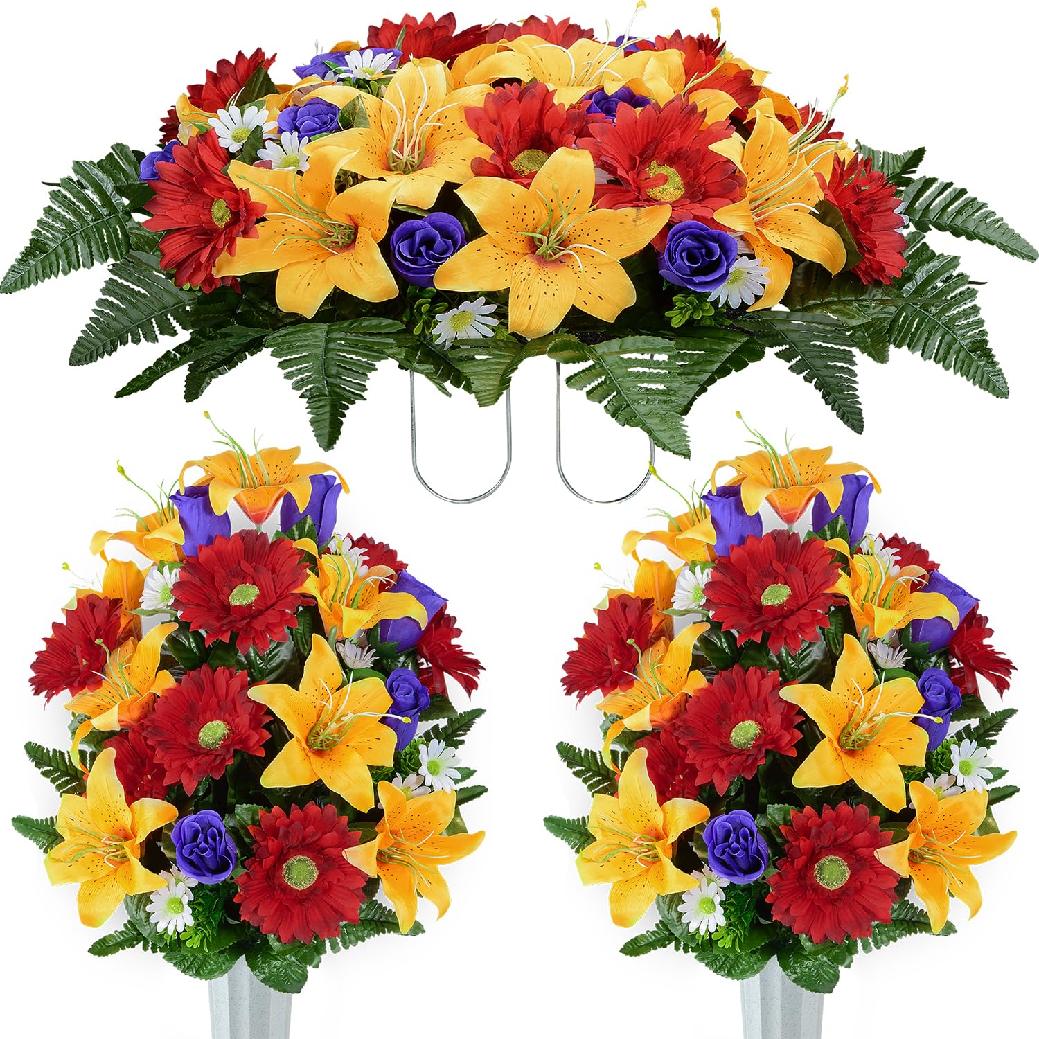 Artificial Cemetery Flower Saddles, Cemetery Memorial Flowers With Vase For Grave Tombstone Decorations, Lily Rose Gerbera Headstone Flowers Saddle (1 Saddle 2 Bouquets)