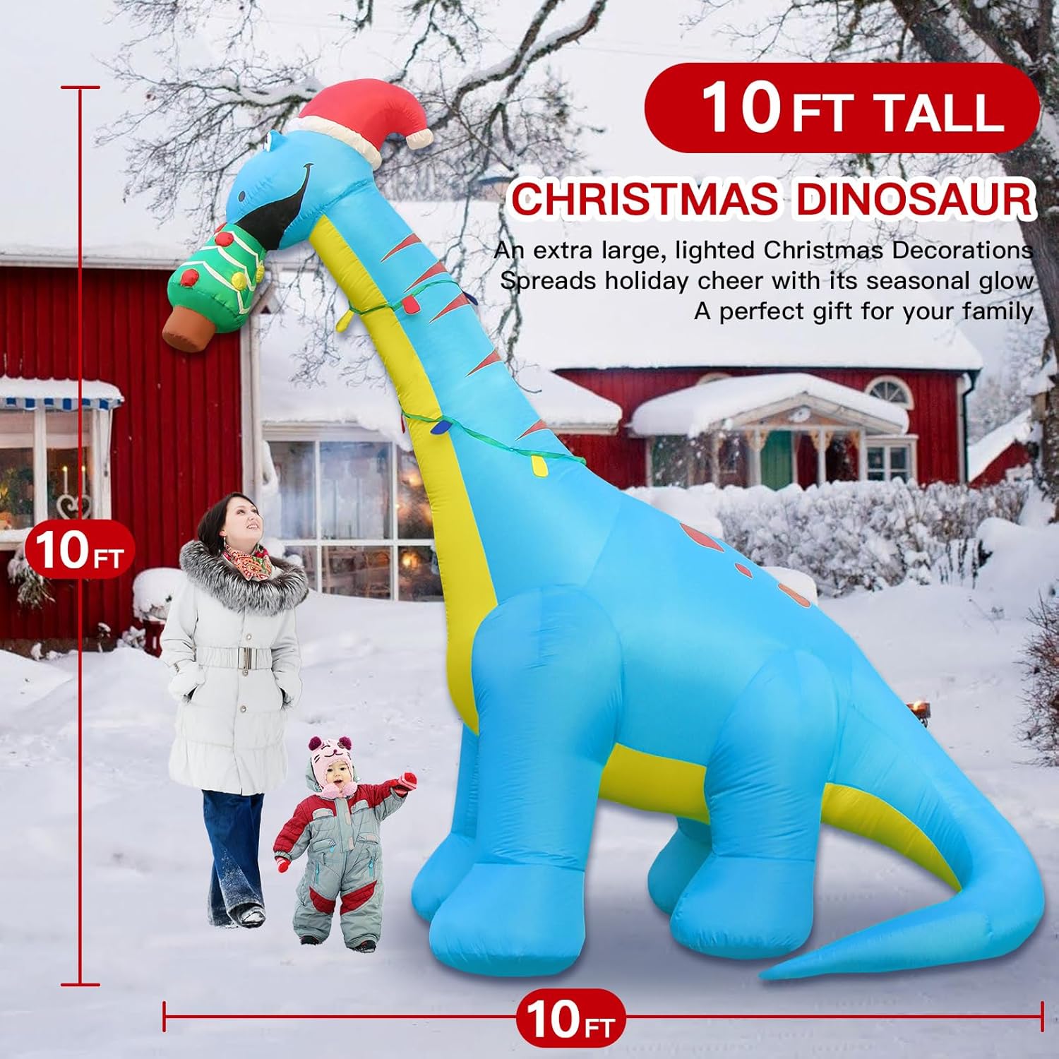 10 Ft Christmas Inflatable Outdoor Decorations, Giant Christmas Dinosaur Blow Up Yard Decor With Christmas Hat & Tree, B