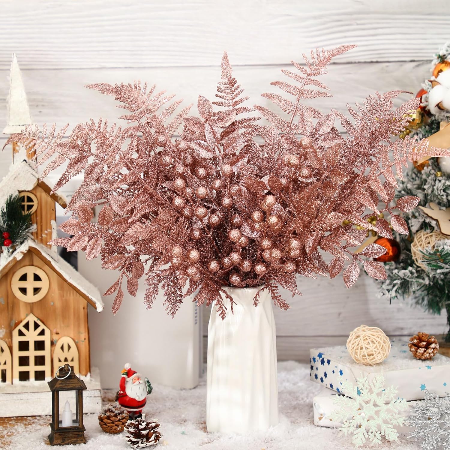 40 Pcs Christmas Glitter Artificial Picks Set Christmas Leaf Sprays Cedar Picks Glitter Berries Stems Tropical Leaf Pine Needles Christmas Stems Branches For Christmas Tree Vase Home(Rose)