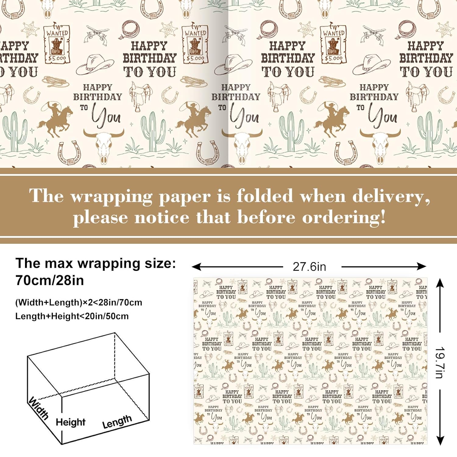 6 Sheets Happy Birthday Wrapping Paper - Not Roll - Western Cowboy Gift Wrap Paper Folded Flat For Wild West Rodeo Birthday Diy Crafts, 19.7 X 27.6 Inch