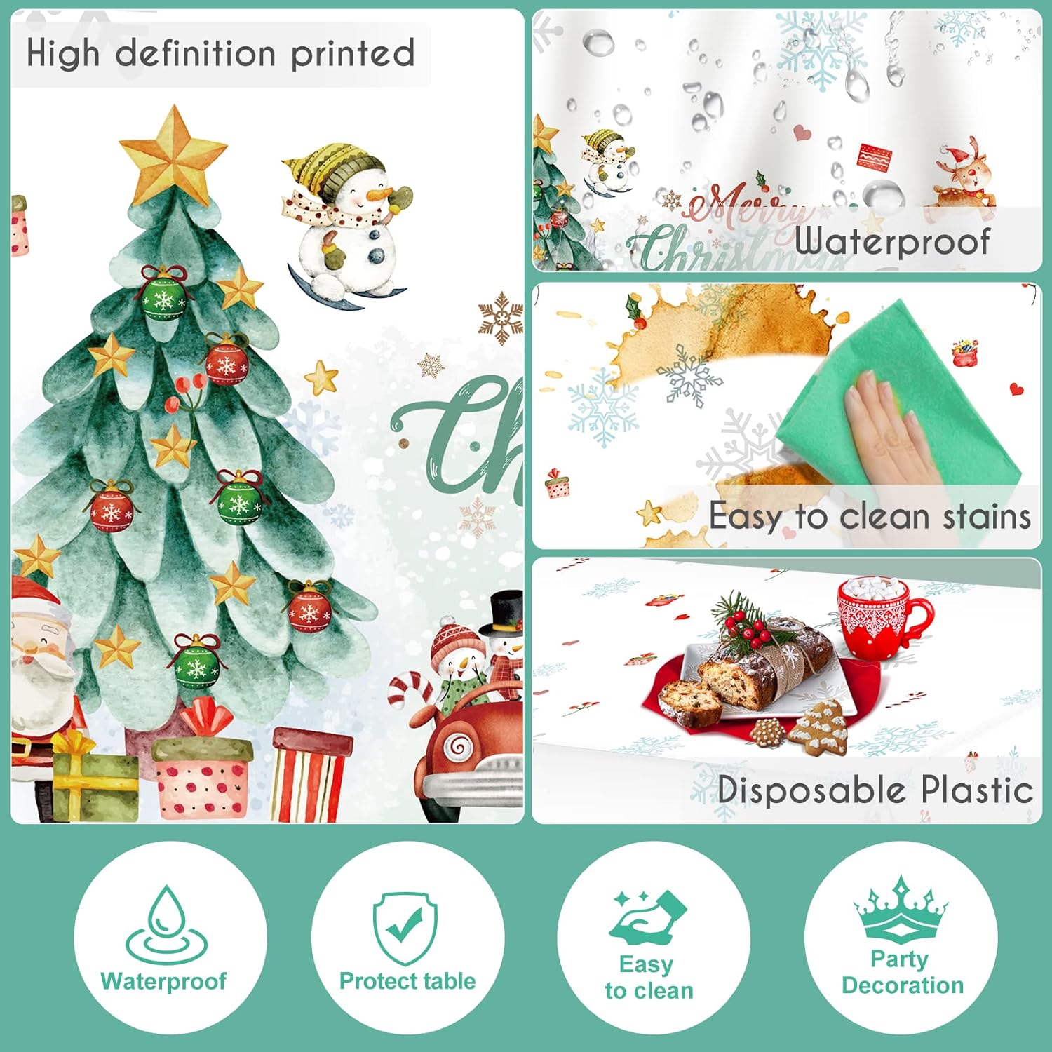 3Pcs Christmas Tablecloth Rectangle Disposable Table Cover 54 X 108In Waterproof Winter Snowman Snowflake Xmas Tablecloth For Christmas Theme Birthday Party, Picnic Christmas Holiday Party Decoration