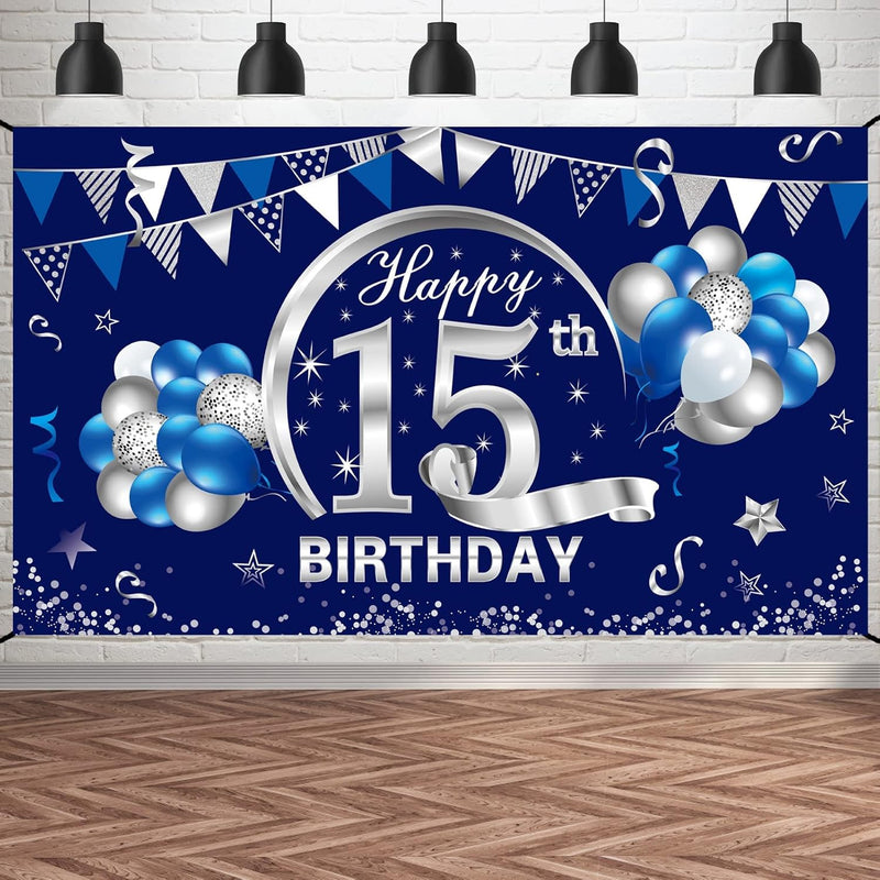 Blue Silver 15Th Birthday Banner Decorations For Boys, Happy 15 Birthd