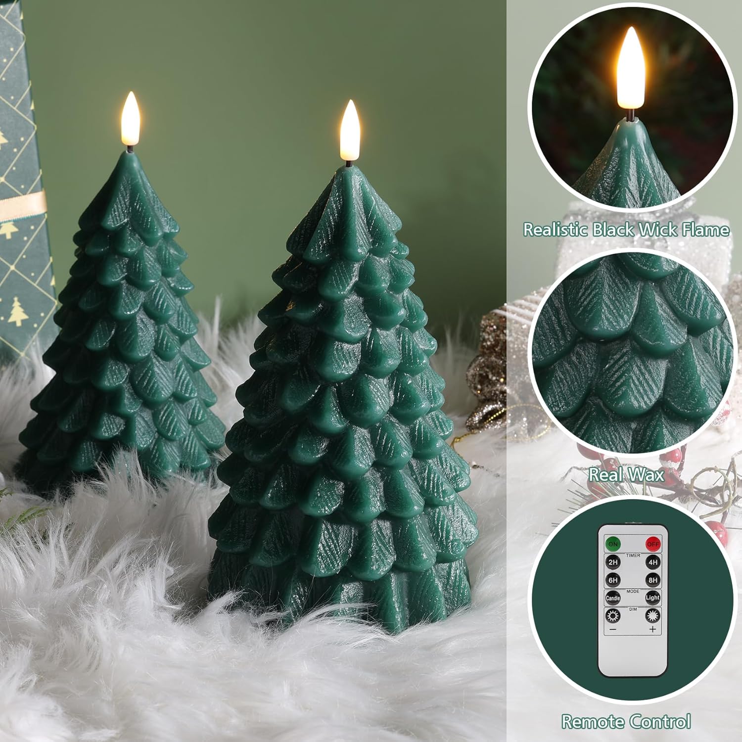 Green Christmas Tree Candles With Remote, Real Wax Flickering Flameless Led Candles Set Of 2