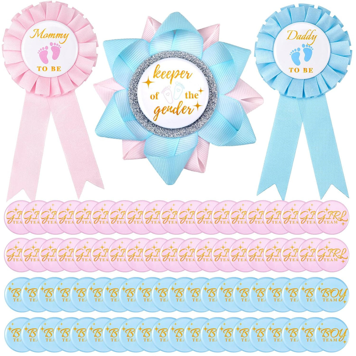 63 Pcs Gender Reveal Pins Set Including 60 Team Boy Or Girl Pins 2 Daddy And Mommy To Be Badge And 1 Keeper Of The Gender Badge And For Reveal Game Party Decorations Creative Party Favors
