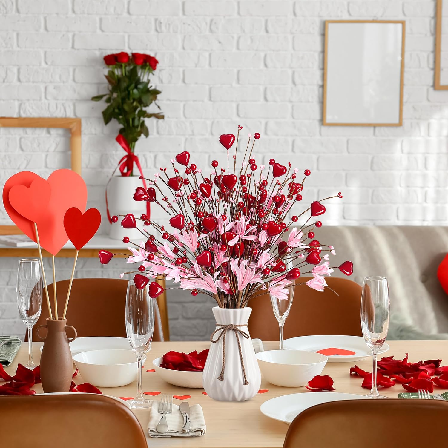 Valentine’S Day Gifts 12 Pcs Heart Shaped Berry Picks Artificial Red Heart Berry Twigs Forsythia Stem Branches With Pink Flowers For Valentine’S Day Anniversary Flower Bouquets Wedding Home Decor