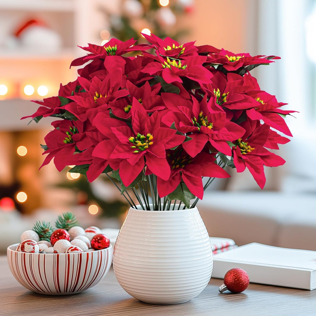 8 Pack 7 Heads 17In Poinsettia Christmas Flowers Artificial Velvet Fake Poinsettia Bouquet, Indoor & Outdoor Christmas Tree Decorations For Vase Table Porch Garden Decor, Red
