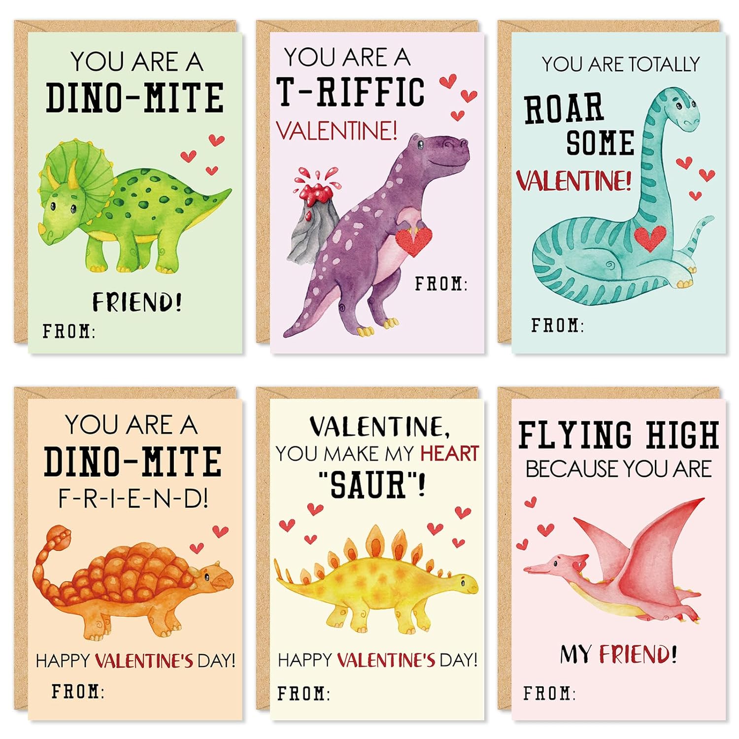 36 Pack Dinosaur Valentine'S Day Cards For Kids Classroom Exchange Watercolor Dino Greeting Cards With Envelopes & Stickers For School Boys Girls Classroom Party Favors, 4X6 Inch