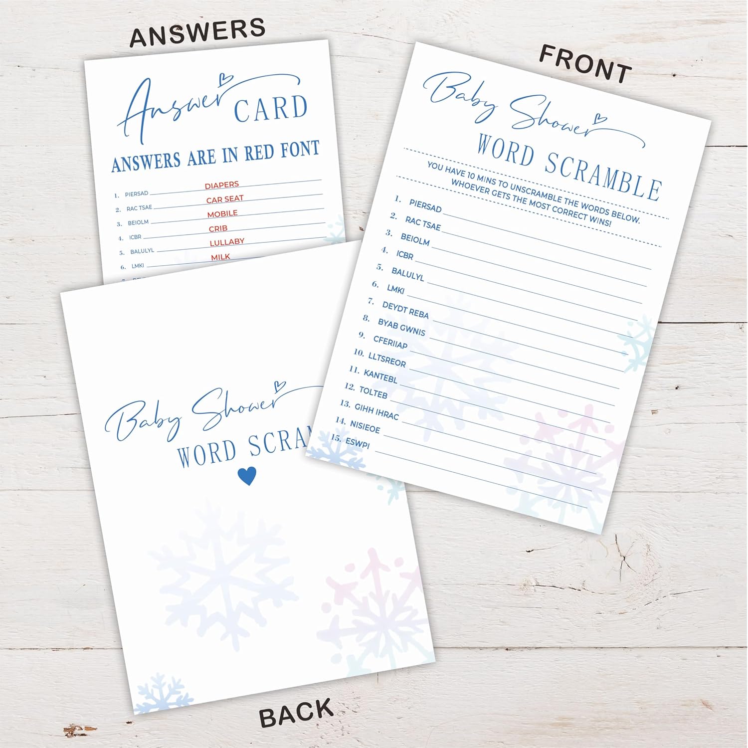 Baby Shower Word Scramble Game Kit, 30 Double Sided Fill-In Winter Snowflakes Cards With Answer Card - Holiday Party Favor & Decorations, Gender Reveal Game & A07
