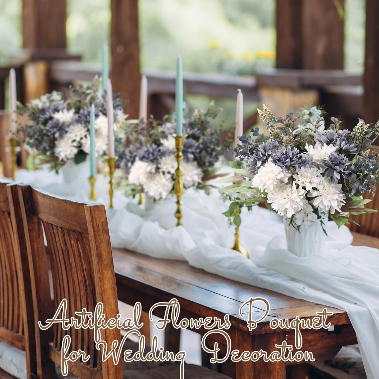 6 Pack Wedding Artificial Flowers Bouquet For Home Table Centerpieces Decoration Bridal Fake Faux Silk Flower Arrangements Bouquets Plastic Floral For Kitchen Dining Party Decor(Blue White)