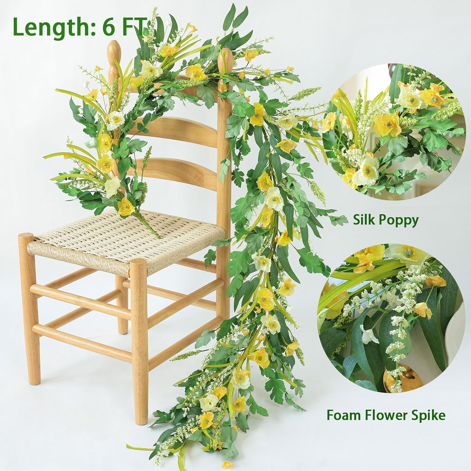 Yellow Artificial Flower Garland 6Ft Fake Poppy Floral Garland Hanging Vines Spring Summer Flowers Decorations For Mantle Table Centerpieces Room Wall Fireplace Wedding Decor (Yellow)