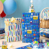 Blue Birthday Wrapping Paper Roll - Happy Birthday Lettering & Colorful Candles, Reversible Design For Boy Baby Shower, Party - Mini Roll - 17 Inch X 33 Feet