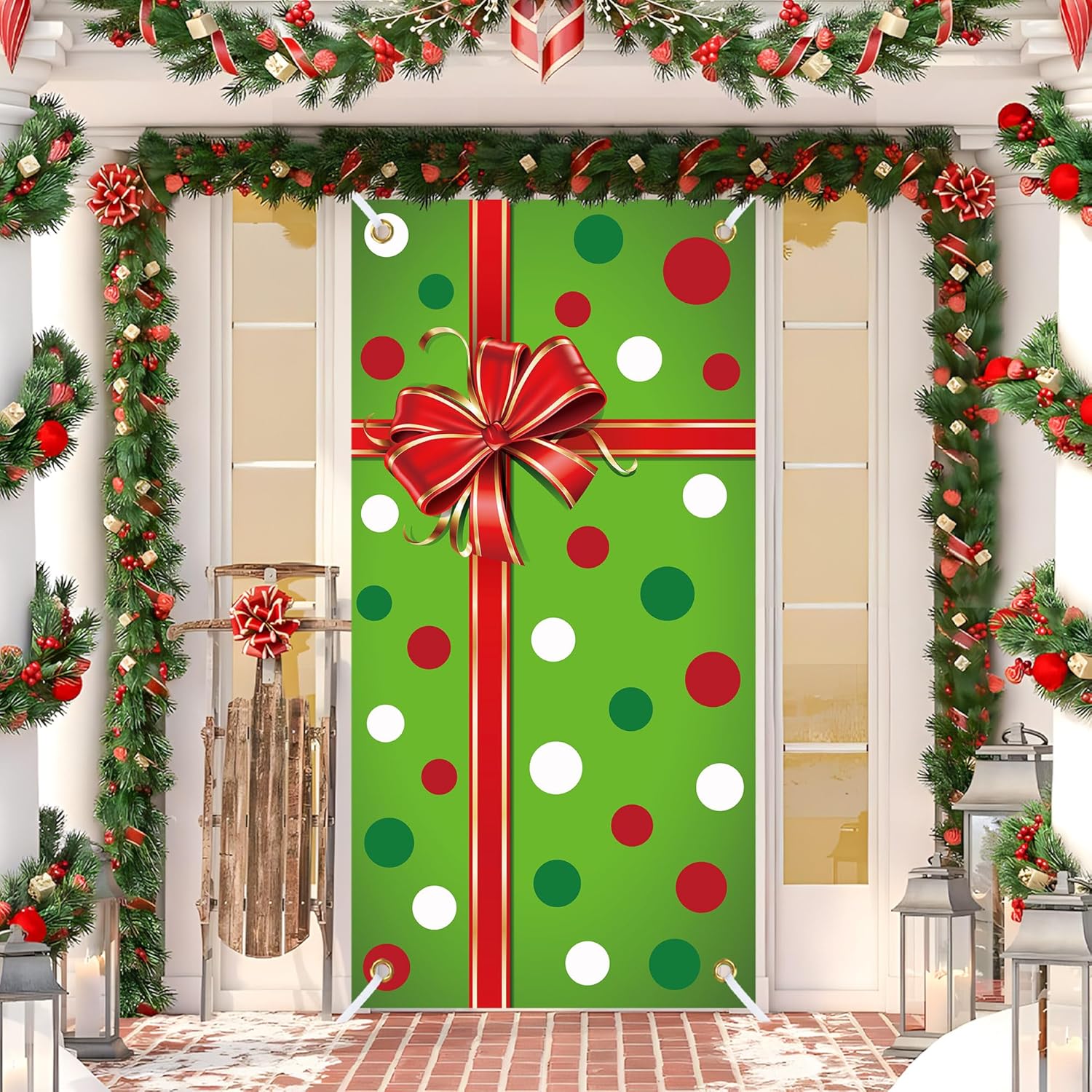 Christmas Door Cover Xmas Gift Box Door Hanging Banner Merry Christmas Front Doors Cover Backdrop Decorations For Holiday Indoor Outside Party Supplies, 70.9 X 35.4 Inch(Green Polka Dots)