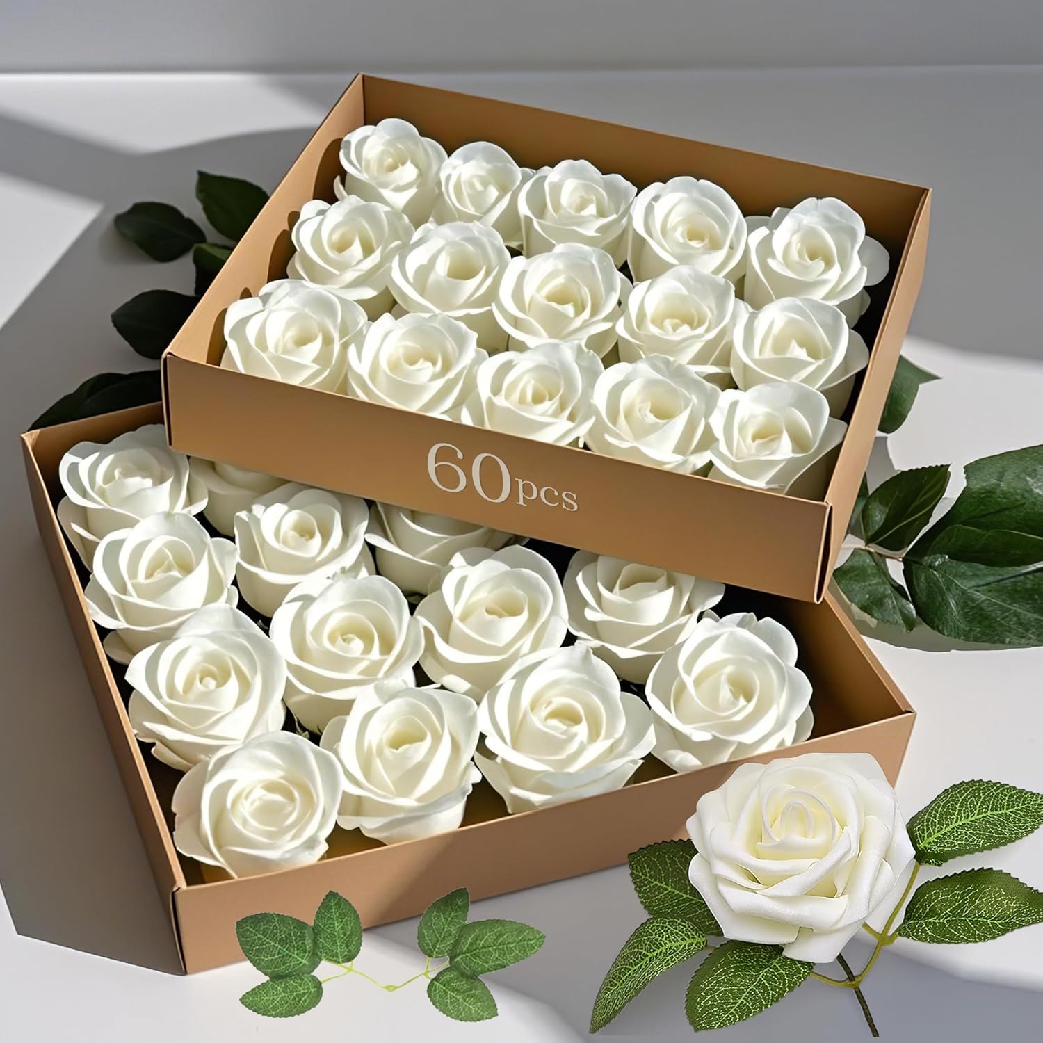 60Pcs Artificial Flowers, White Foam Roses With Stems For Diy Wedding Bouquets Fake Flowers, White Roses, Artifical White Roses For Party Tables Decoration