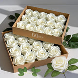 60Pcs Artificial Flowers, White Foam Roses With Stems For Diy Wedding Bouquets Fake Flowers, White Roses, Artifical White Roses For Party Tables Decoration