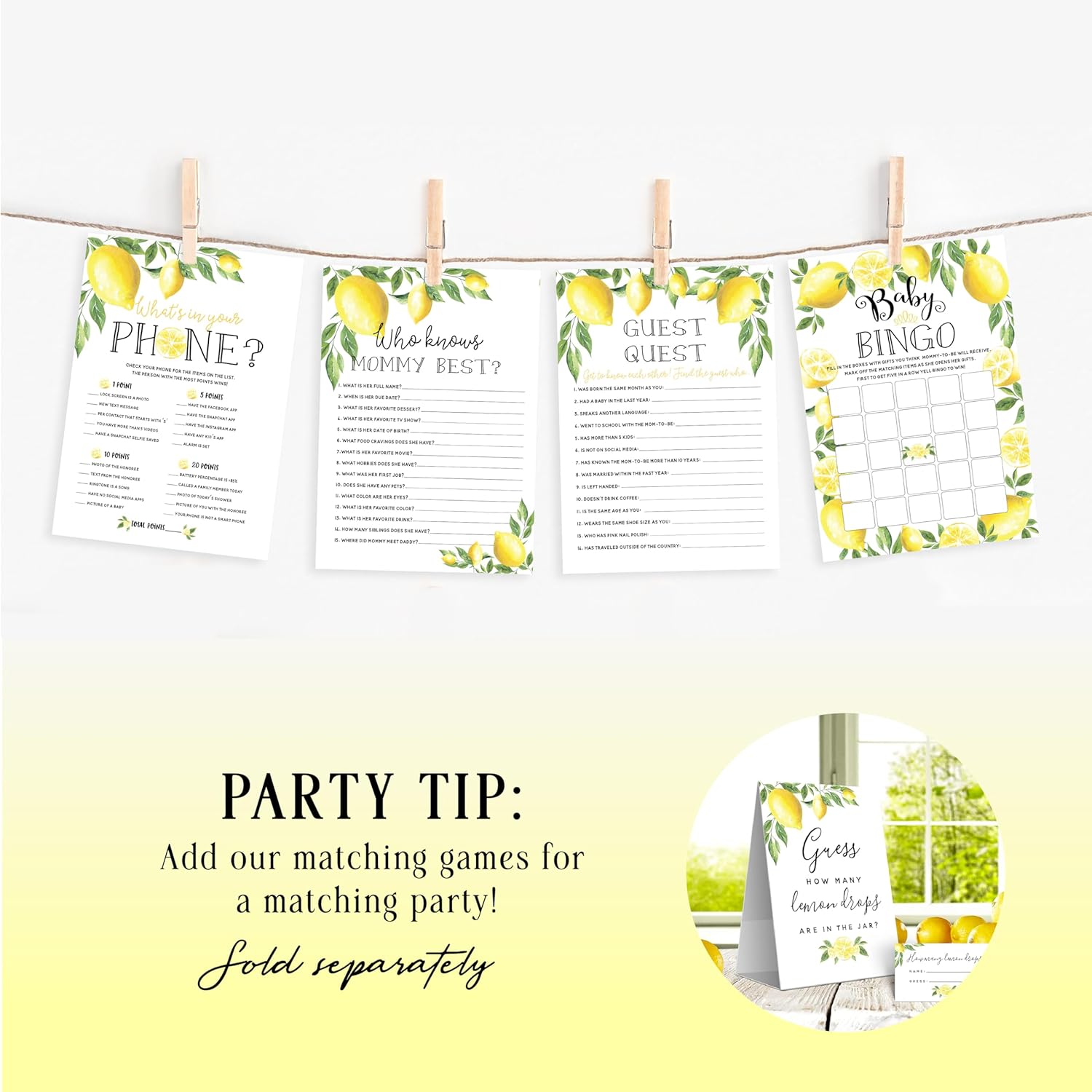 Lemon Floral Baby Shower Games - Babyq Bingo, Guest Quest, Who Knows Mommy Best, What'S In Your Phone - 25 Games Each, 1 Game Per Side