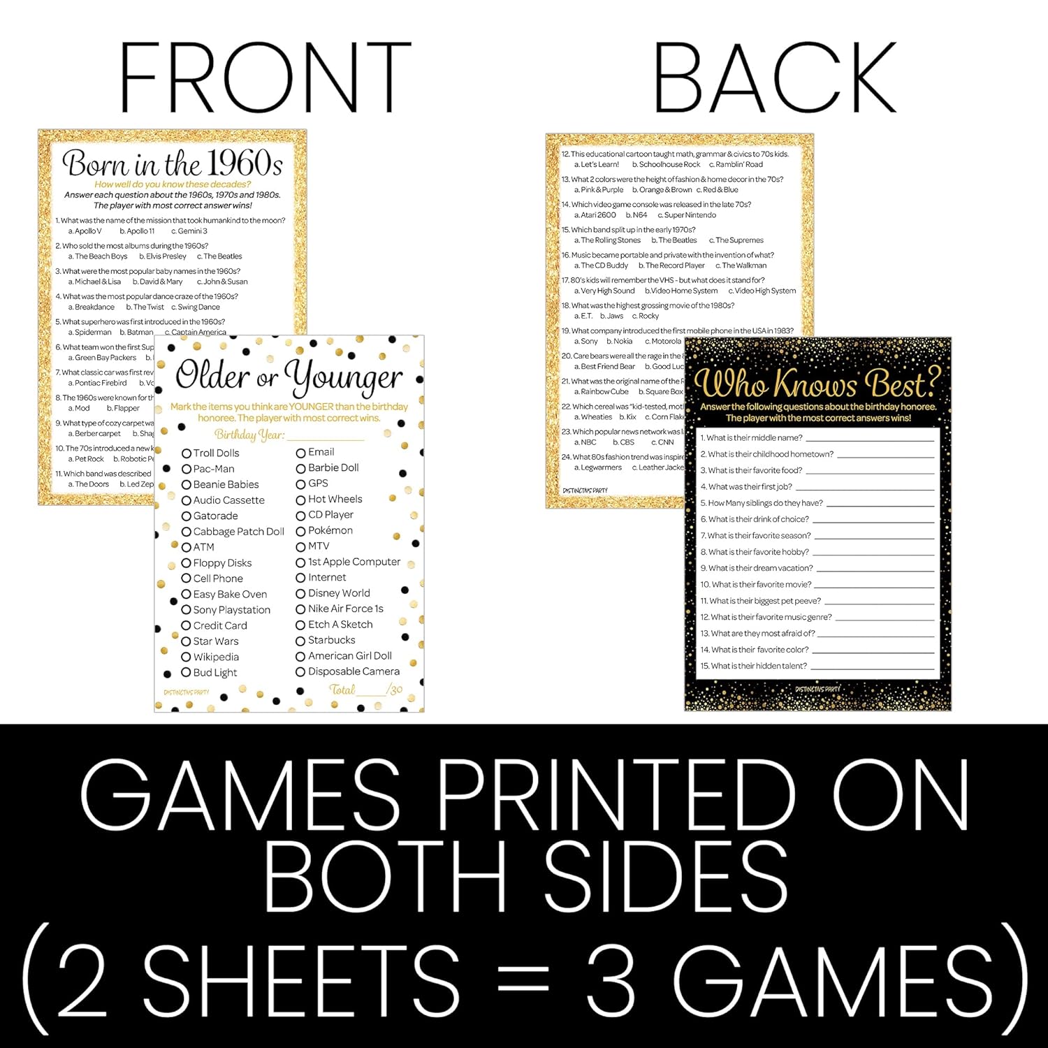 Black And Gold 60Th Birthday Game Bundle - Set Of 3 Birthday Party Games For 20 Guests, Born In The 1960S Theme