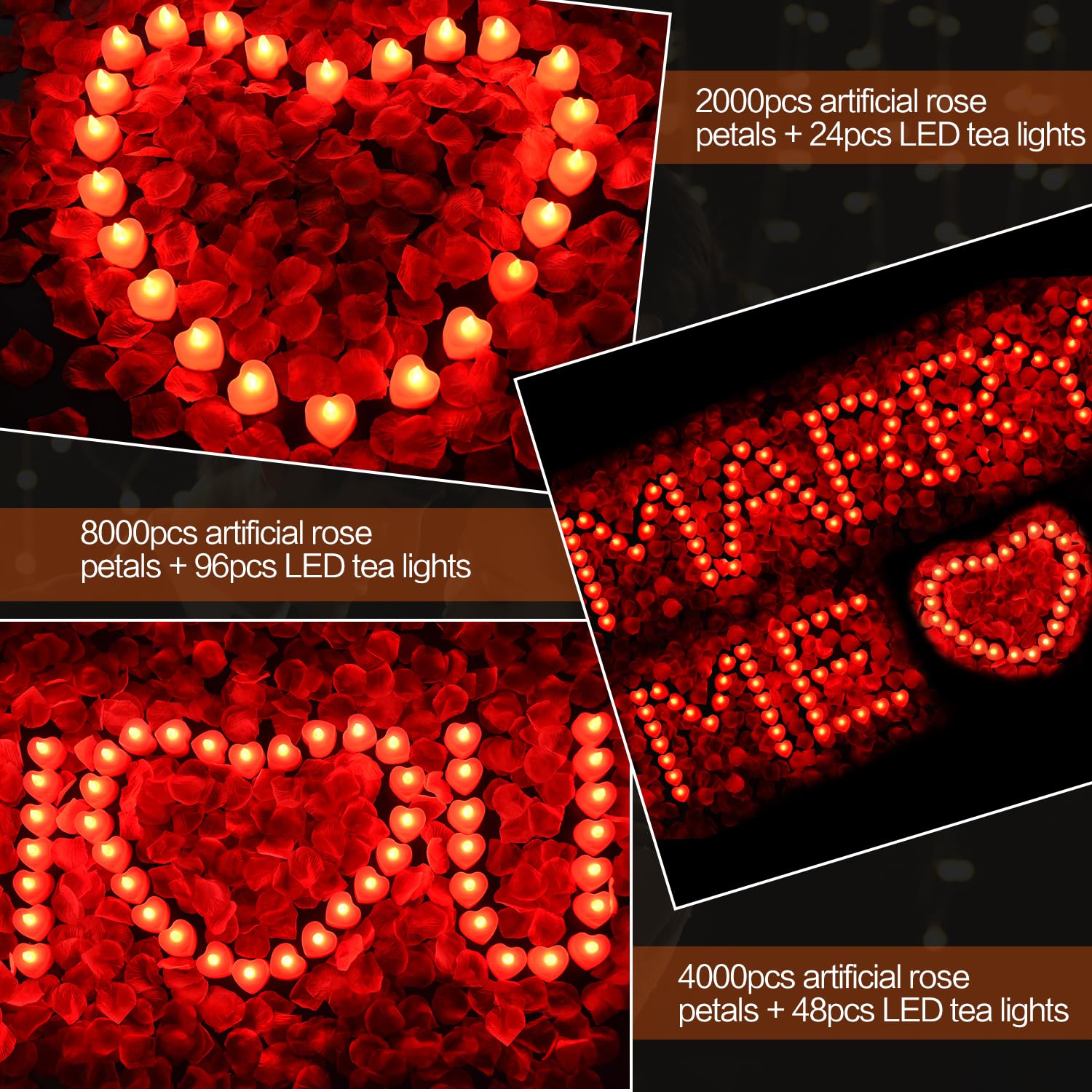 2000Pcs Red Artificial Rose Petals With 24Pcs Red Led Tea Lights Kit, For Decor