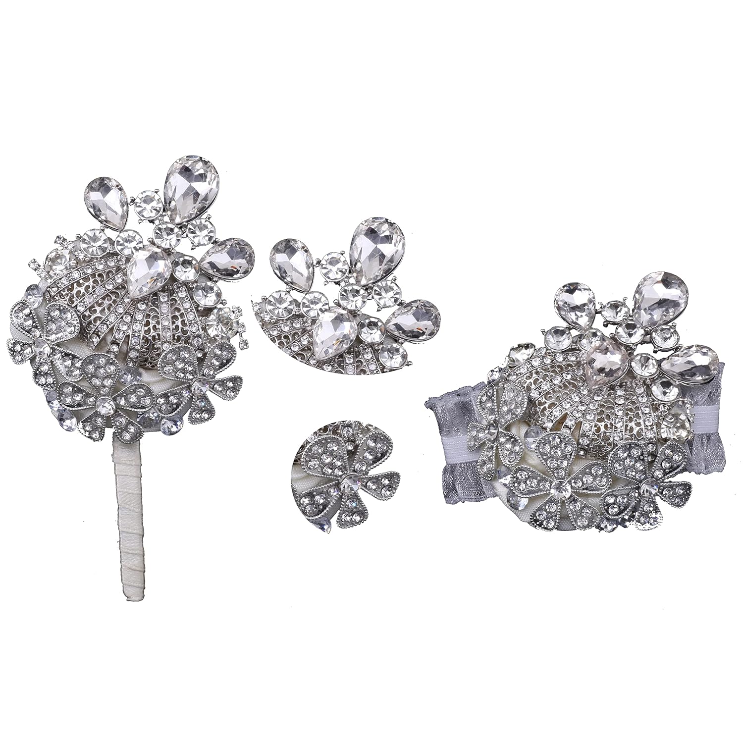 Corsage Wrist And Boutonniere Set 2 Luxury Artificial Rhinestones Handmade For Wedding Party Ceremony Anniversary Prom Perfect For Groom'S Boutonniere And Bride'S Wrist Flowers (Silvery)