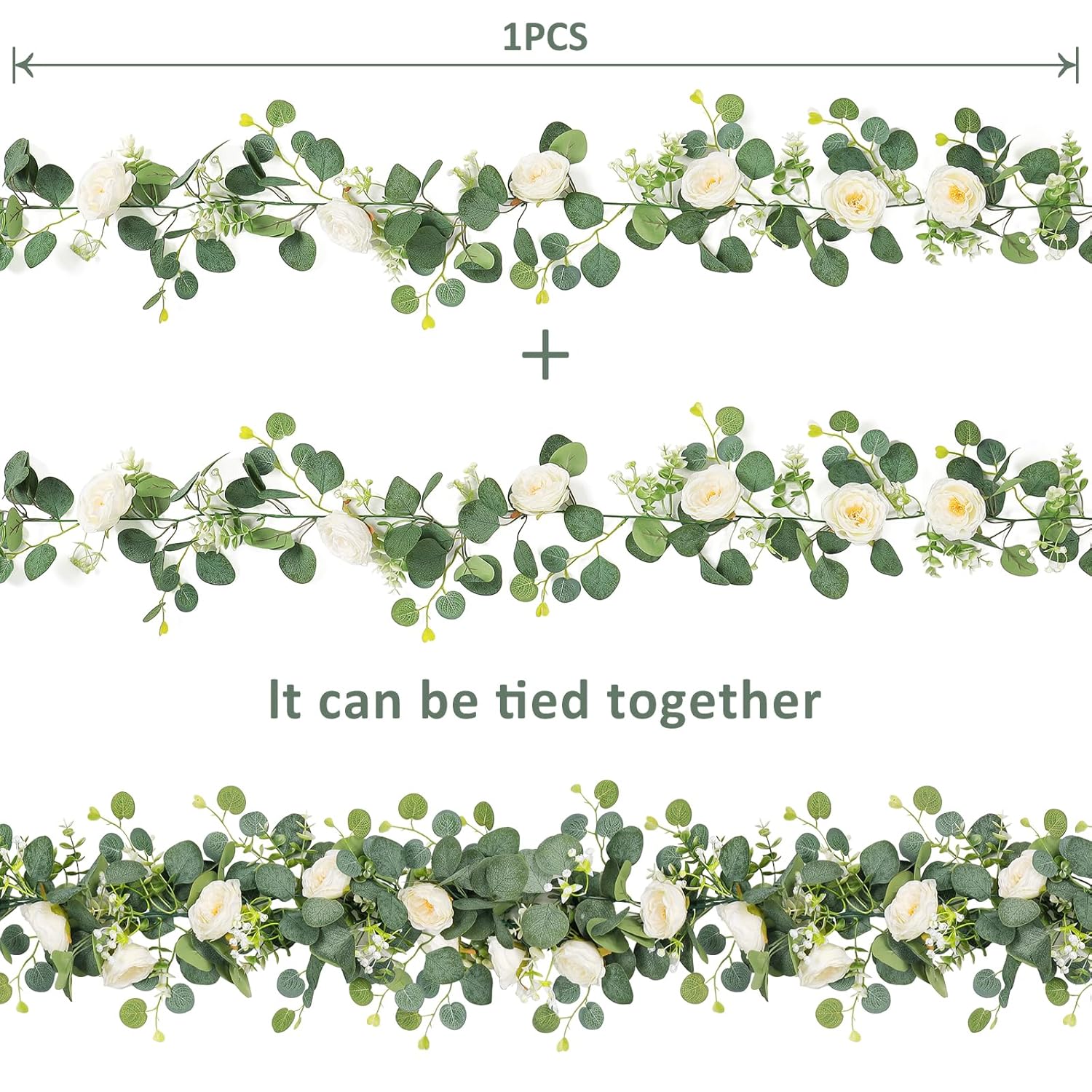 2 Pack 13Ft Artificial Eucalyptus Flower Garland With White Roses, Fake Rose Flower Greenery Garland Floral Vines For Wedding Home Party Table Runner Decor (2Pcs, White)