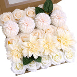 White Flower Artificial Roses Faux Flowers With Stems Mix Fake Roses Dahlia Chrysanthemum Ball For Wedding Bridal Bouquets, Table Centerpieces, Baby Shower, Party, Home Decorations