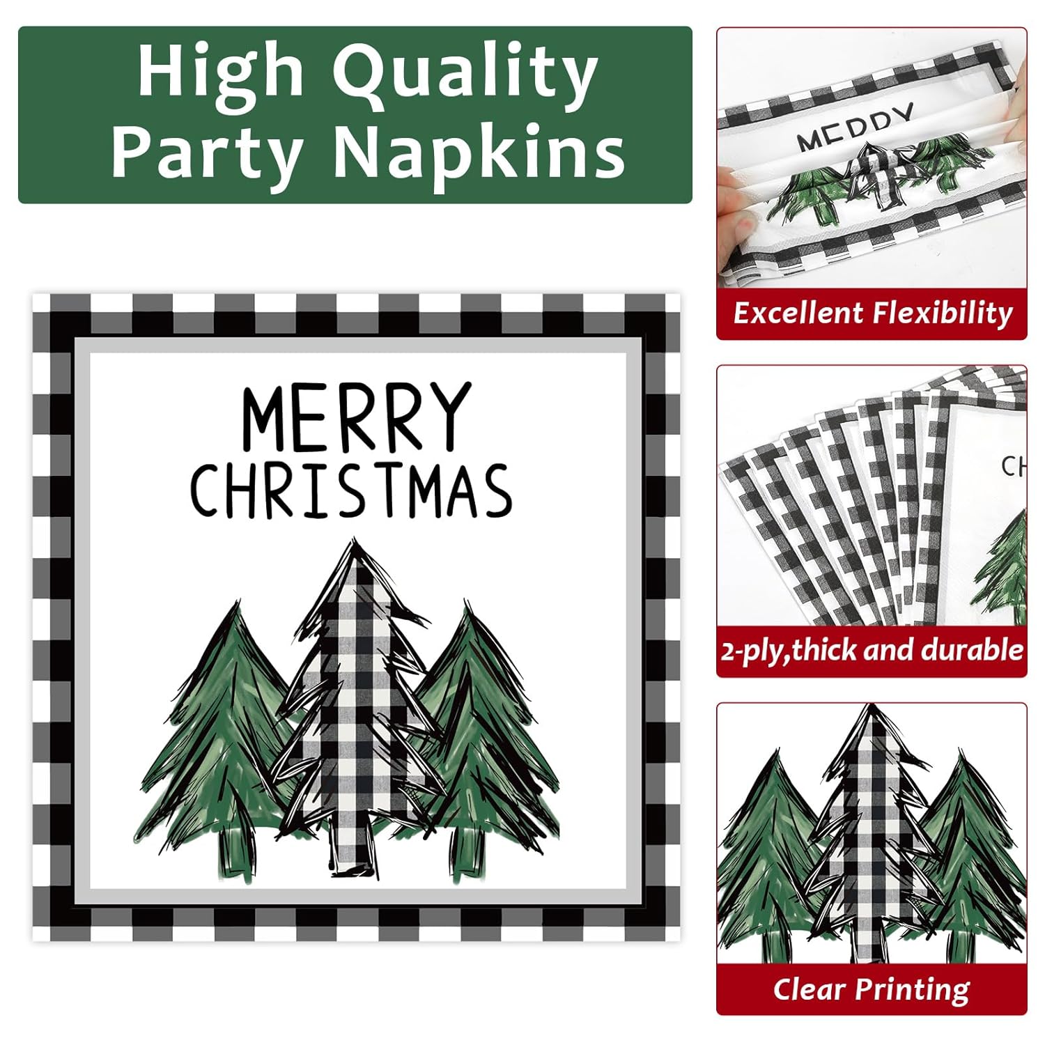 100Pcs Christmas Paper Plates And Napkins Buffalo Plaid Xmas Party Decoration Disposable Merry Christmas Tree Themed Tableware Dinnerware Set For Holiday Xmas Winter Party Supplies Serve 25