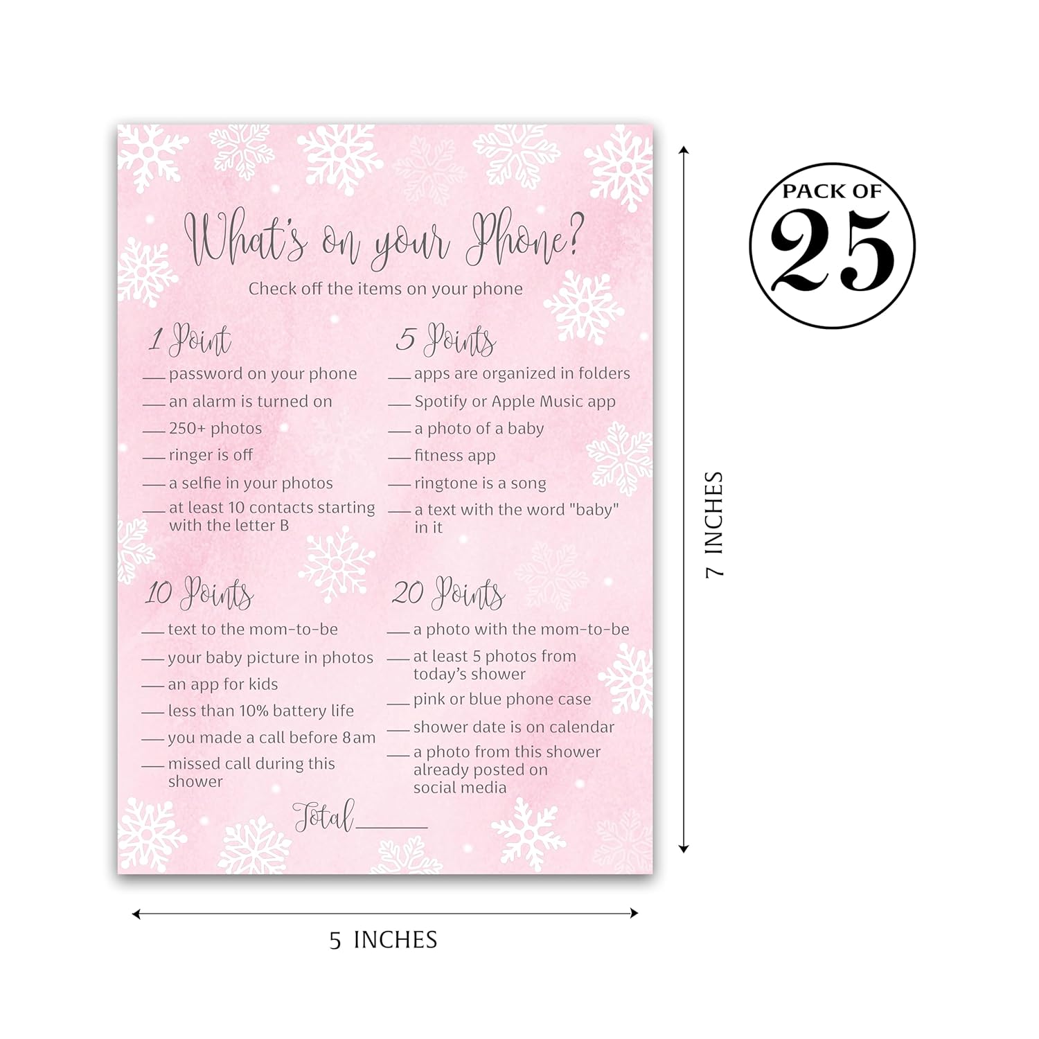 Snowflakes Girl Baby Shower Games — What'S On Your Phone Game — Pack Of 25 —Winter Wonderland Baby Shower Activity, Baby It’S Cold Outside Frost Holiday Pink Couples Co-Ed Shower G780-Phn