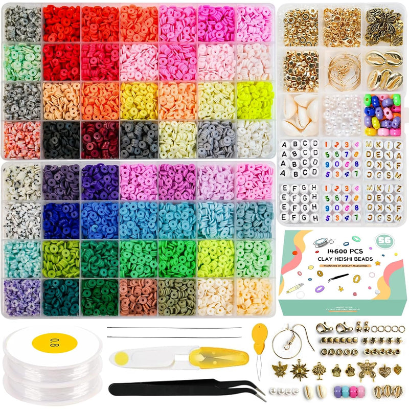 14600Pcs Clay Beads For Bracelets Making Kit, 56 Colors Polymer Heishi