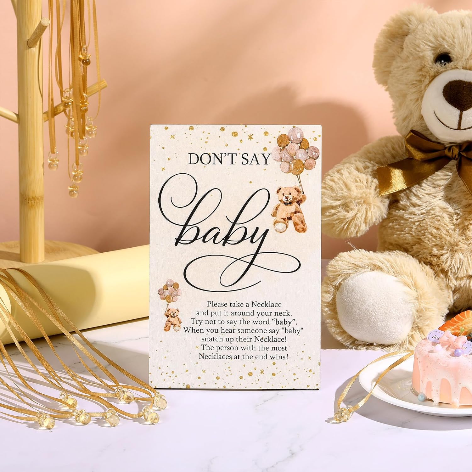 51 Pcs Cool Baby Shower Game Wooden Bear Sign Gift Sets 50 Baby Shower Pacifiers Necklace Acrylic Pacifier For Gender Reveal Party Favor(Brown)