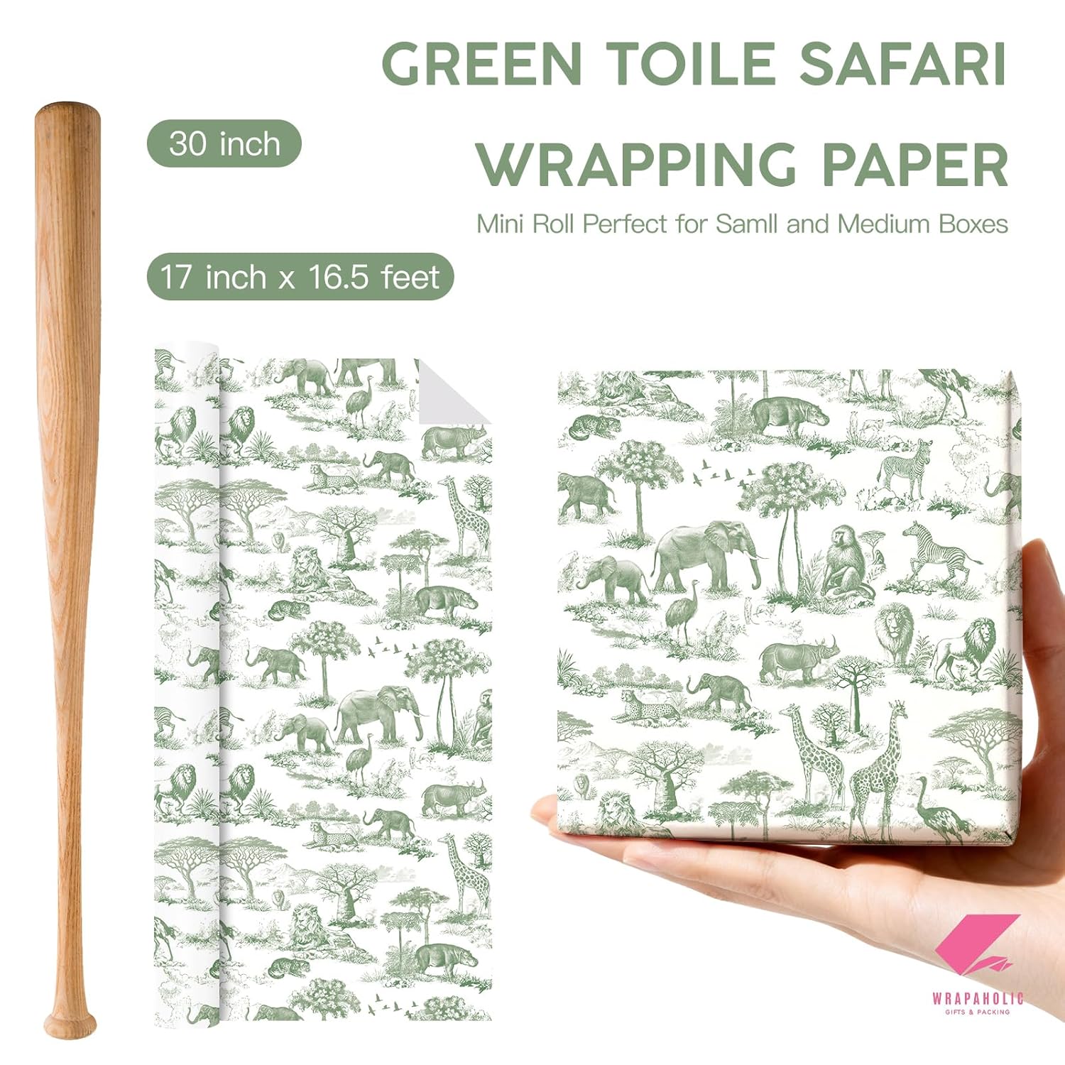 Green Toile Safari Wrapping Paper - Mini Roll - 17 Inch X 16.5 Feet - Green Jungle Animal Baby Shower Wrapping Paper For Kids Birthday, Baby Shower