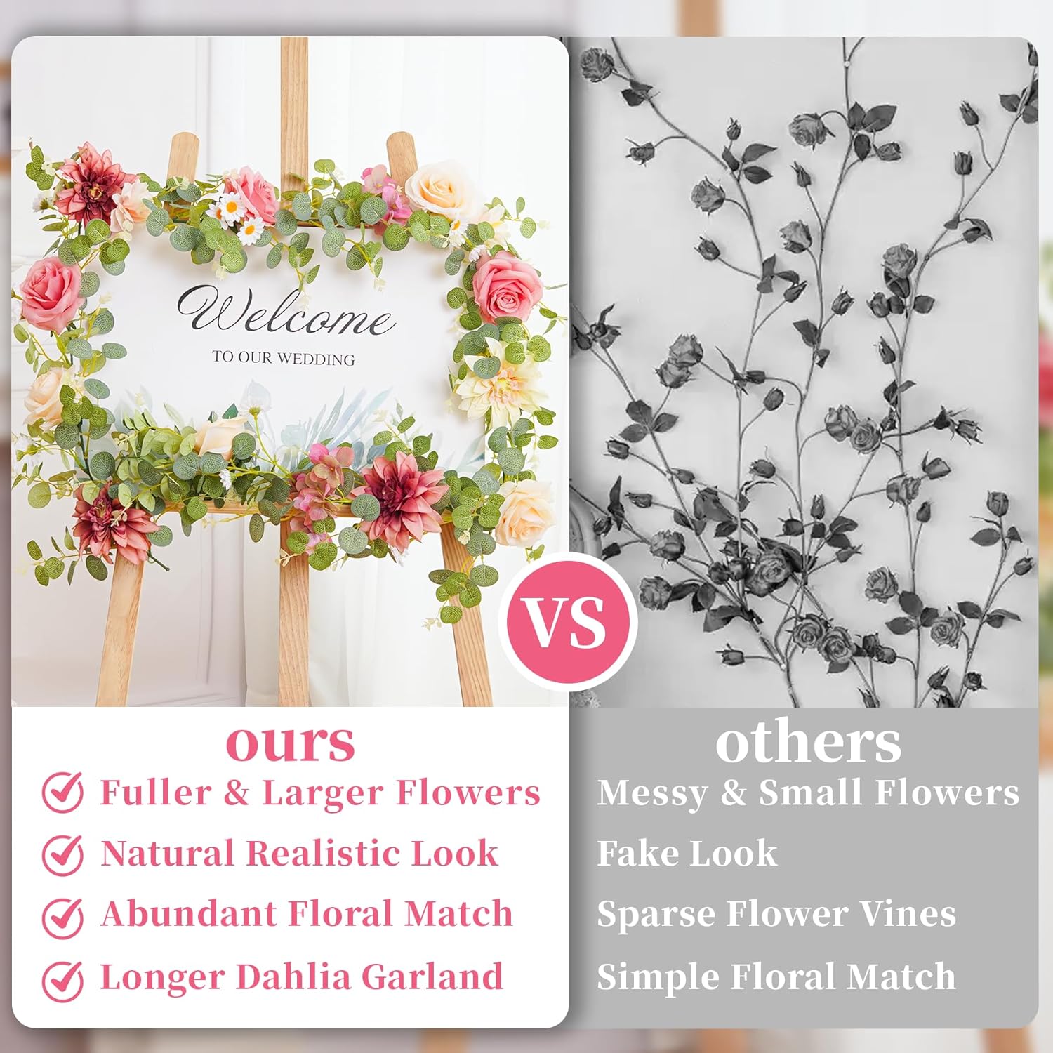 6.07Ft Pink Flower Garland, Silk Artificial Flowers Centerpieces For Tables, Eucalyptus Garland With Rose Dahlia Vines Hanging Outdoor Garlands For Wedding Birthday Party Backdrop Decorations(1 Pack)