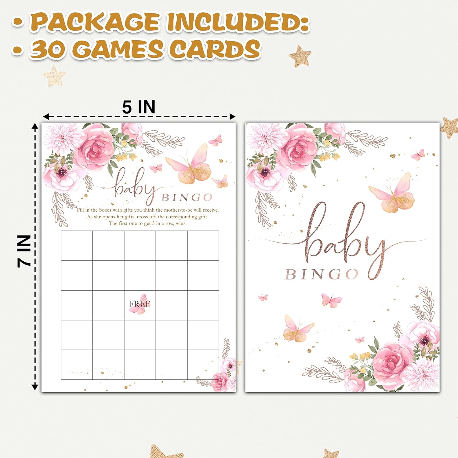 Butterfly Baby Shower Game, Baby Shower Bingo Party Game, Blush Pink Floral Theme Gender Reveal Party Games, Baby Shower Party Activities & Decorations -30 Game Cards(03)