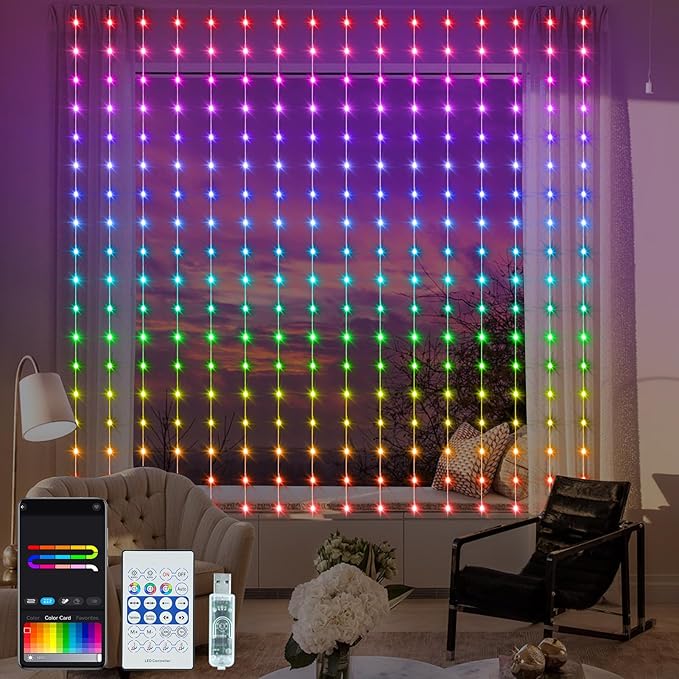 RGB Smart Curtain Lights 8FT x 6FT 144 LED Color Changing Fairy Lights with Music Sync App Remote USB Powered 5050 Chip for Party Patio Garden Decor
