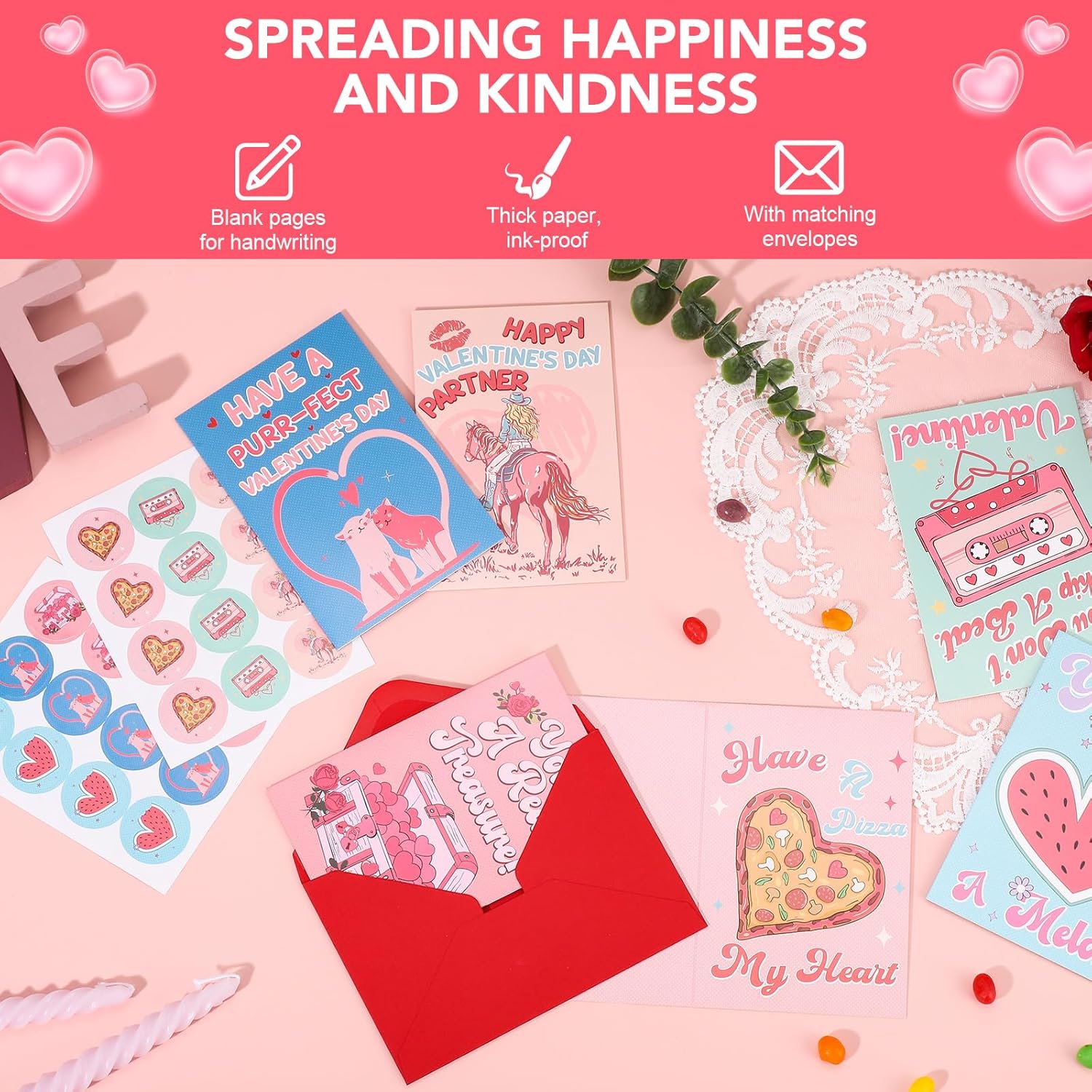 24 Pack Valentines Day Cards, Funny Valentines Card With Envelopes & Stickers, 6 Designs Valentine Cards For Kids Classroom, School, Adults, Family, Friends, Happy Love Notes For Him & Her