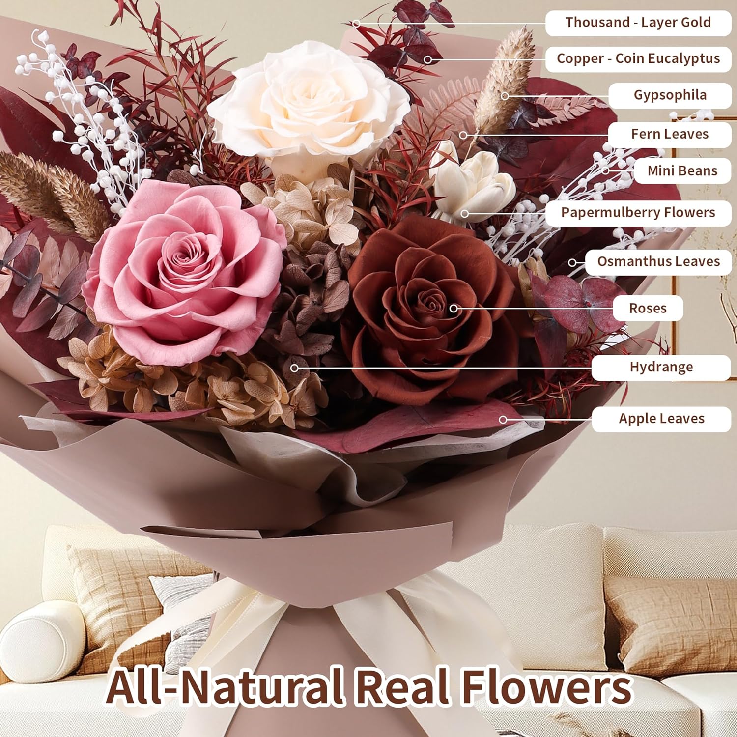 Preserved Flowers Bouquet, Real Eternal Flowers, Gifts For Women, Birthday Gifts For Mom Friends Her Girlfriend Sister, Valentine (Caramel)