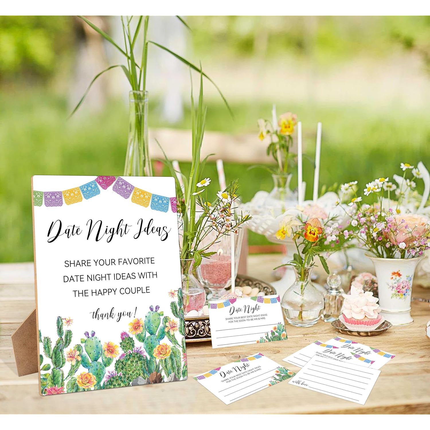Date Night Ideas For Couples, Bridal Shower Games Date Night Sign, 1 Wooden Sign With 50 Cards, Mexican Fiesta Wishes Advice Game For Wedding, Bachelorette Party Night, Engagement Decoration