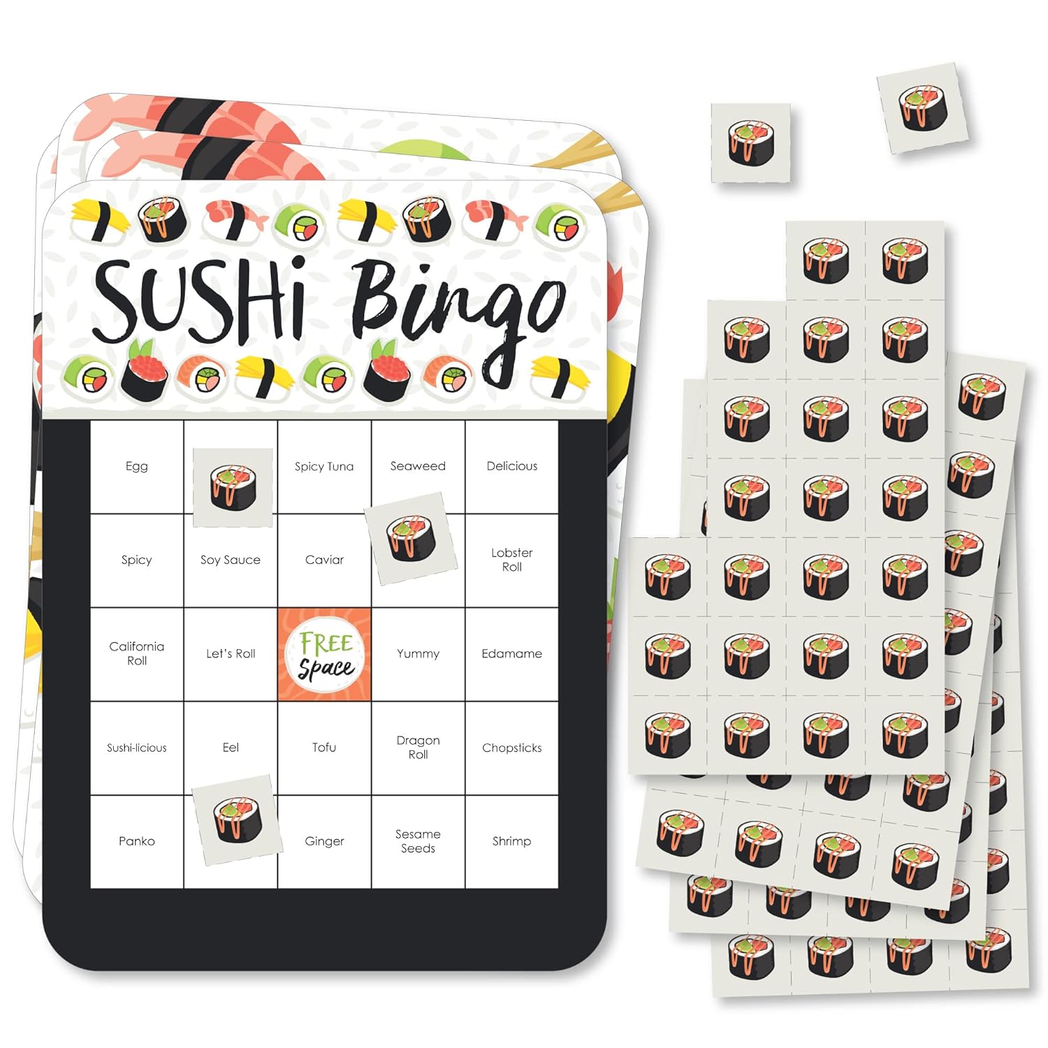 Big Dot of Happiness Let’s Roll - Sushi - Bingo Cards and Markers - Japanese Party Bingo Game - Set of 18