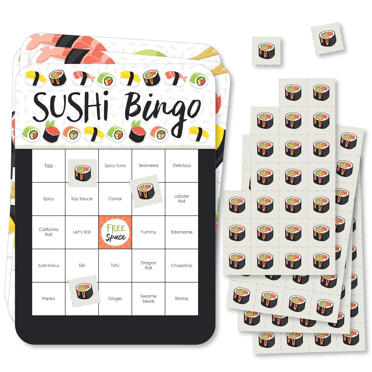 Big Dot of Happiness Let’s Roll - Sushi - Bingo Cards and Markers - Japanese Party Bingo Game - Set of 18