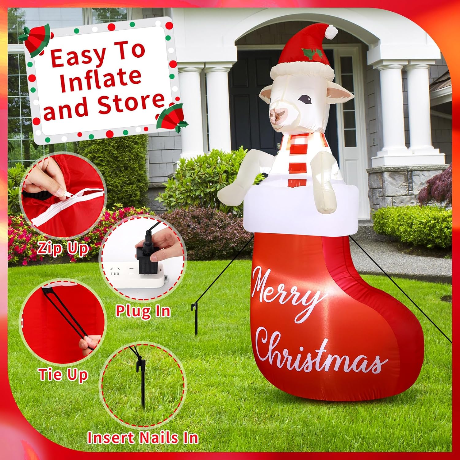 5Ft Christmas Inflatables Goat Outdoor Decoration Inflatables Goat In Xmas Stocking Lighted Blow Up Lamb Climbing Out Fr