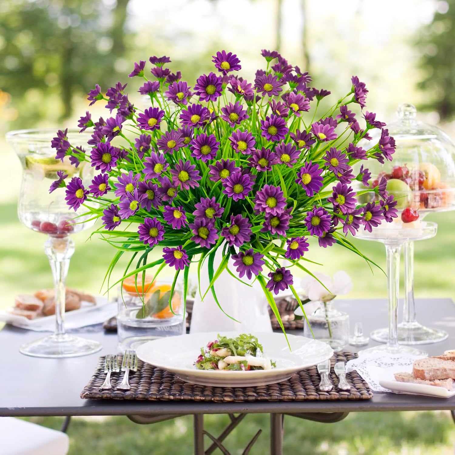 12 Bundles Artificial Daisies Flowers Outdoor Uv Resistant Fake Silk Daisy Mums Flowers No Fade Faux Greenery Plants For Home Wedding Garden Window Box Outdoor Planters Spring Decor - Purple