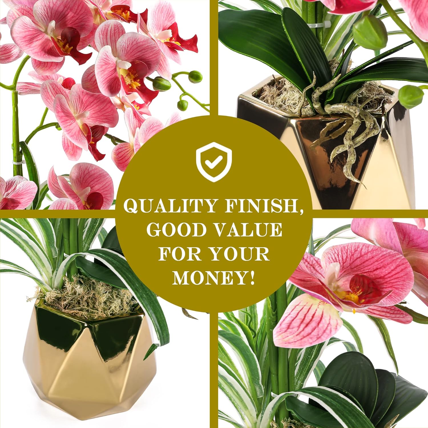 Orchids Artificial Flowers, Fake Orchid Plants & Flowers In Vase, Faux Orchid In Pot For Home Decor Indoor,Pink Artificial Flowers With Gold Vase
