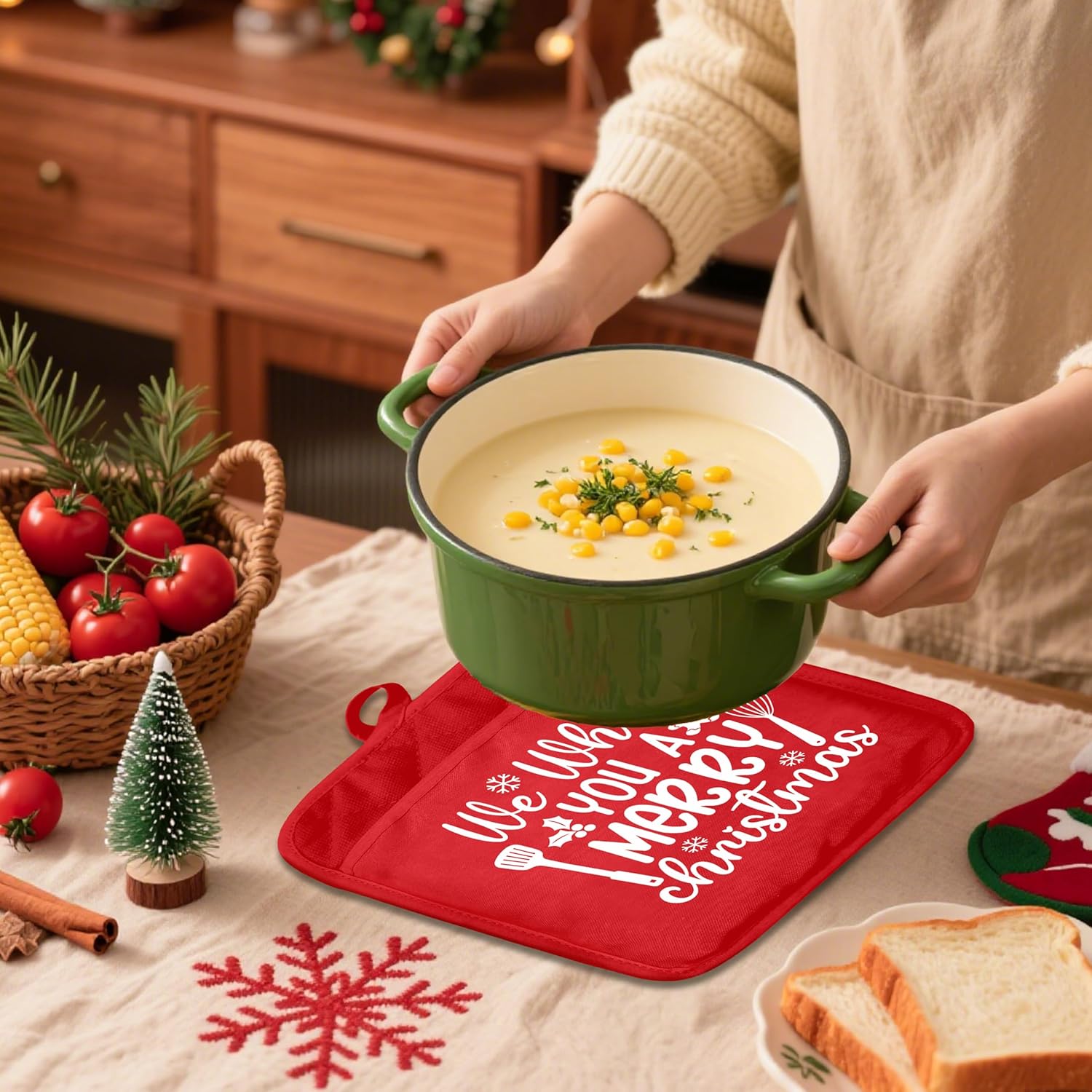 We Whisk You A Merry Christmas Pot Holders 2 Pack Set, Gifts For Baking Lovers, Funny Holiday Christmas Heat Resistant Oven Hot Pads For Kitchen Countertop Baking