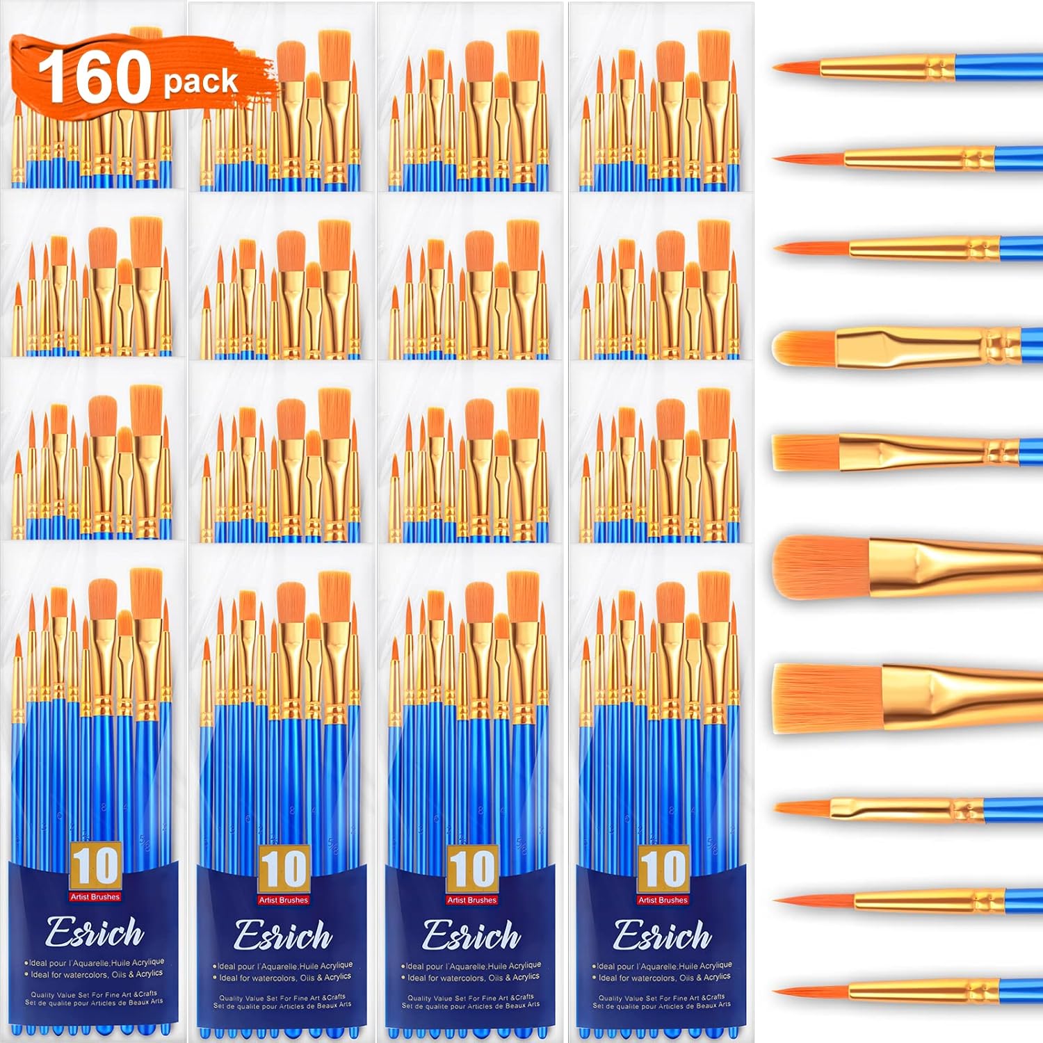 Acrylic Paint Brushes Set, 16 Packs /160 Pcs, Nylon Brush Head, Suitable For Acrylic, Oil, Watercolor,Rock Body Face Nail Art,Perfect Suit Of Art Painting, Best Gift For Kids Adult Drawing