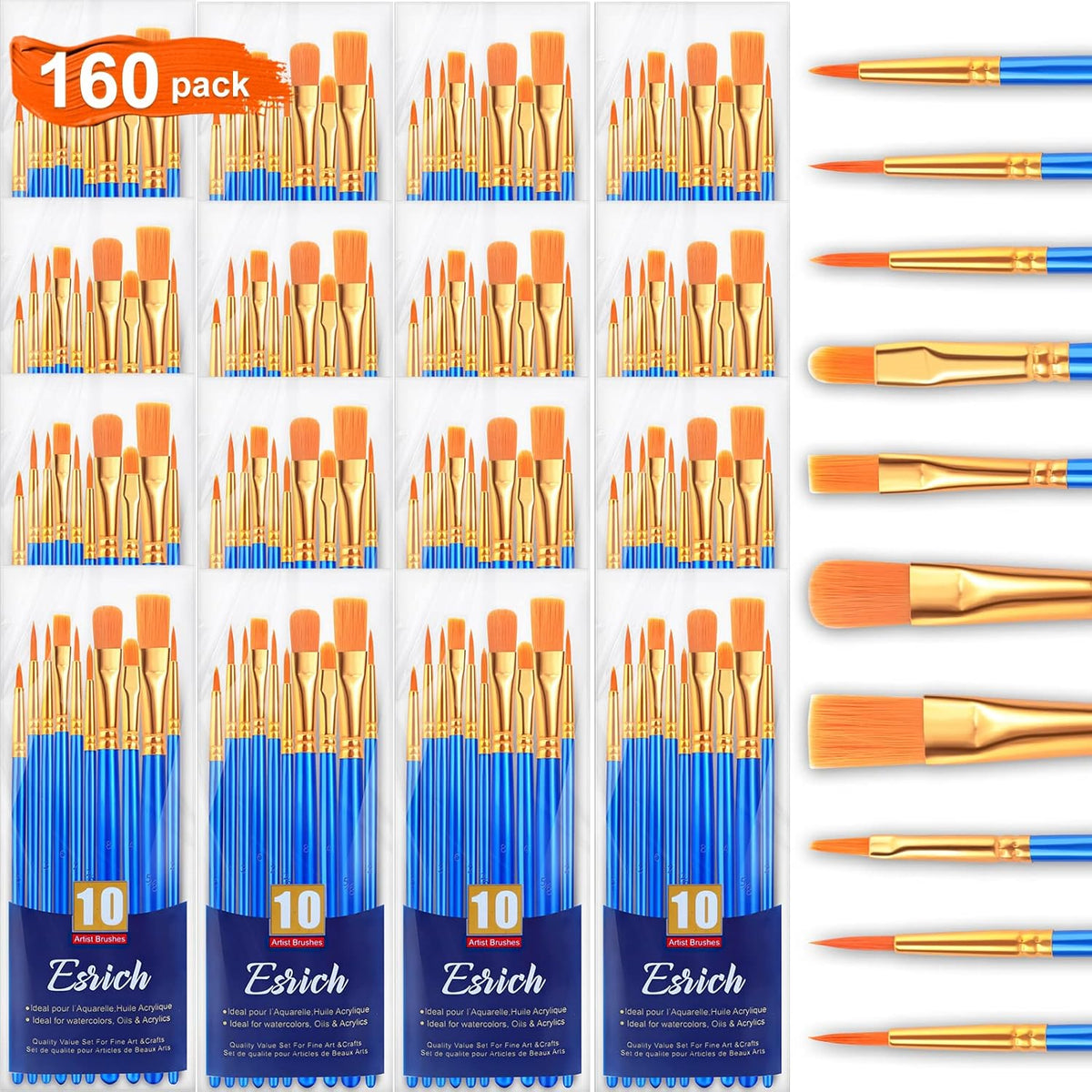 Acrylic Paint Brushes Set, 16 Packs /160 Pcs, Nylon Brush Head, Suitable For Acrylic, Oil, Watercolor,Rock Body Face Nail Art,Perfect Suit Of Art Painting, Best Gift For Kids Adult Drawing