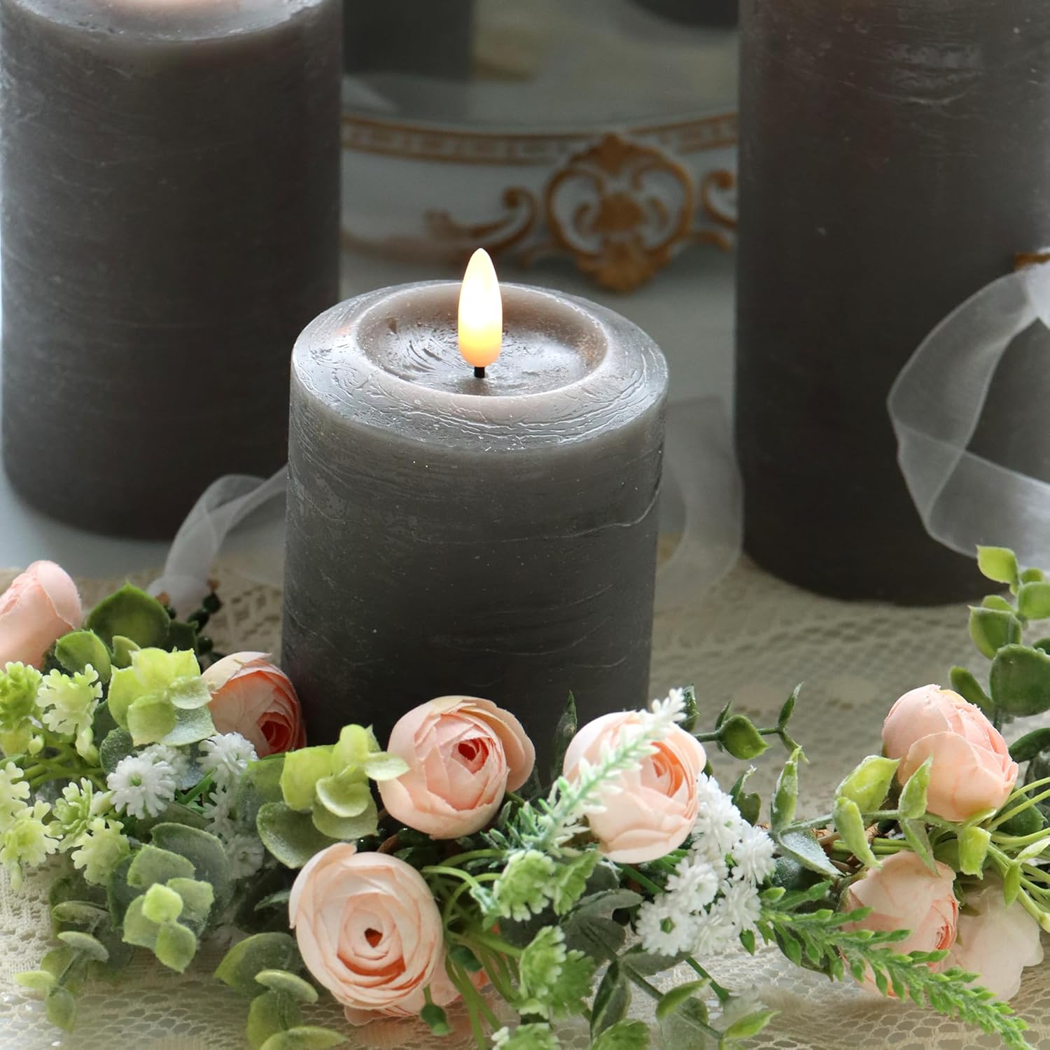 3"X4" 5" 6" Flameless Flickering Led Candles Real Wax Pillar Candles Battery Operated Electric Led Lights With Remote For Home Decorations Wedding Party, Grey, Set Of 3