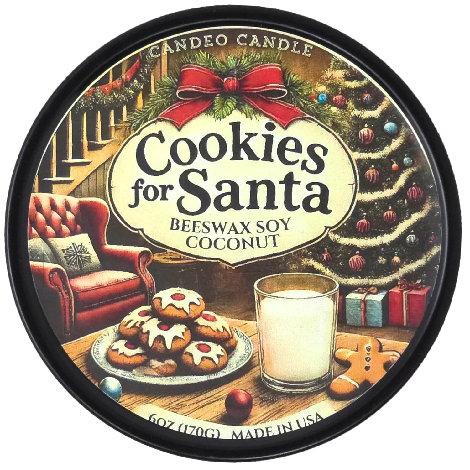 Cookies For Santa - Container Candle, 6 Oz - Made With Beeswax, Coconut And Soy - Black Tin Candle - Handmade In The Usa - (Cookies For Santa)