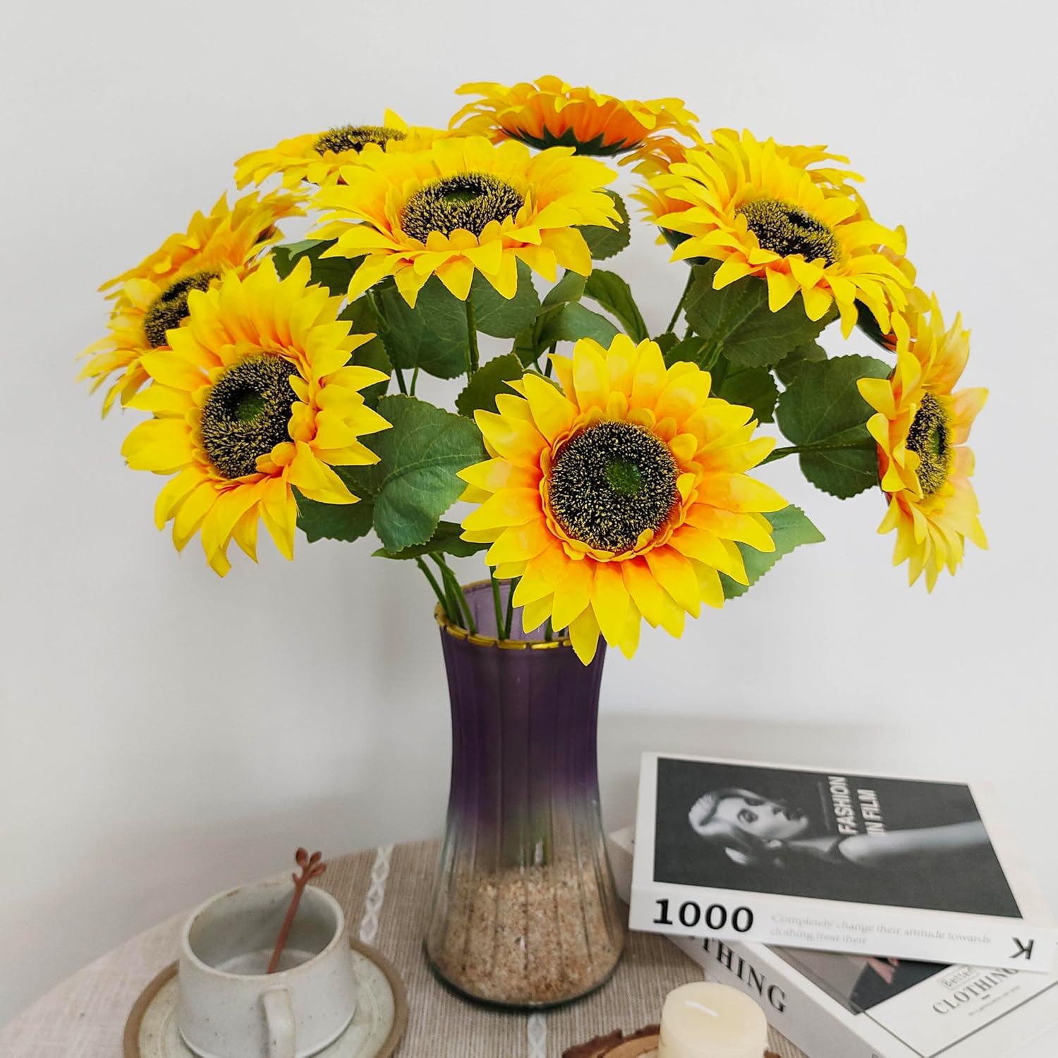 12Pcs Sunflowers Artificial Flowers, Fake Silk Sunflower With Long Stem, Artificial Sunflowers For Fall Home Decor, Baby Shower, Wedding Decor And Cemetery Flowers Decor (Yellow, 18 Inch)