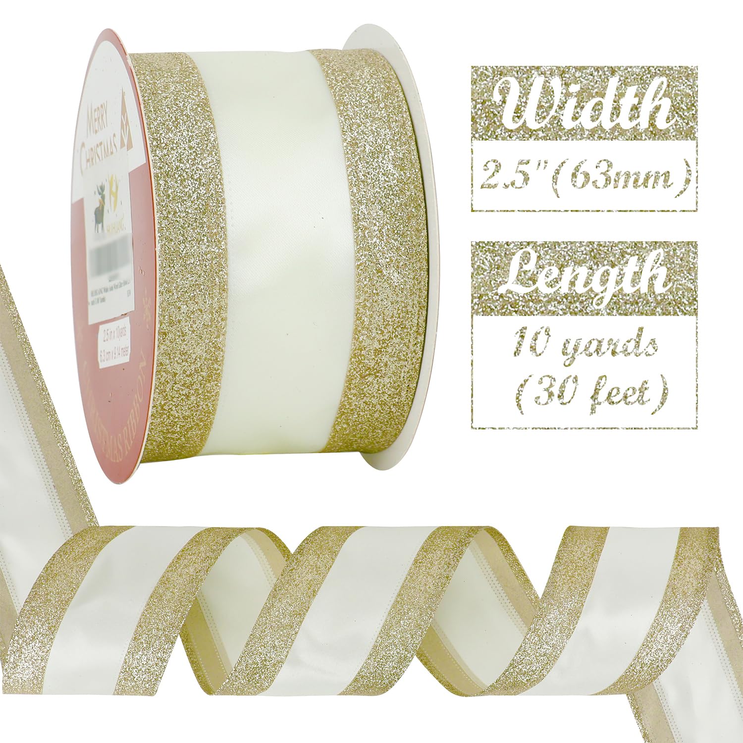 Gold Wired Satin Ribbon With Glitter Stripe Edges 2.5 Inch, Gold And White Christmas Ribbon For Tree, Bows Making, Wreath Supplies, Gift Wrapping Garland, Home Decor, Crafts -10 Yards