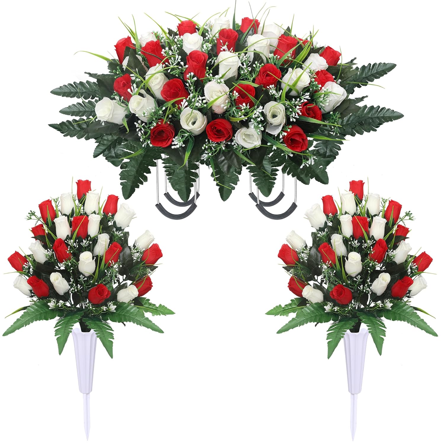 Artificial Cemetery Flower Saddles For Graves, Cemetery Memorial Flowers With Vase And 2 Memorial Bouquets For Grave Tombstone,Outdoor Grave Saddle Headstone Decorations (Red White)