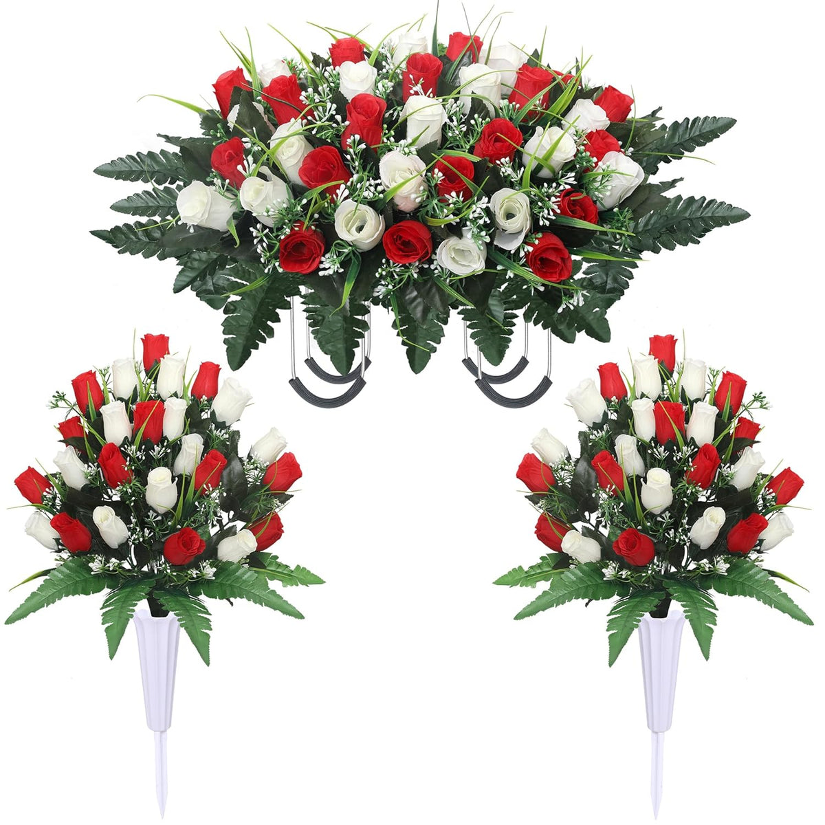 Artificial Cemetery Flower Saddles For Graves, Cemetery Memorial Flowers With Vase And 2 Memorial Bouquets For Grave Tombstone,Outdoor Grave Saddle Headstone Decorations (Red White)